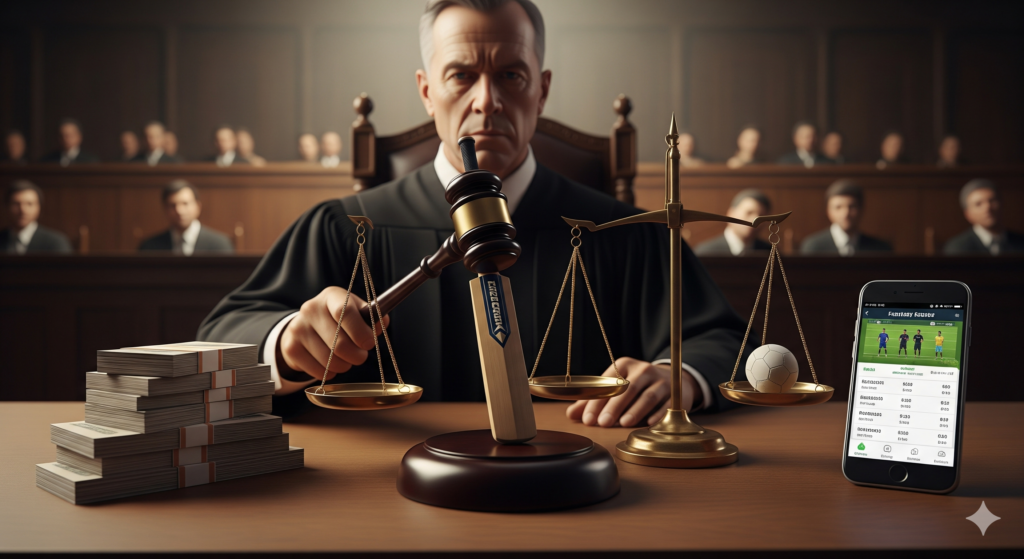 Judge in a courtroom holding a gavel, with scales of justice balancing a stack of money against a soccer ball and a mobile phone displaying a fantasy sports app, representing the legal debate around fantasy gaming.