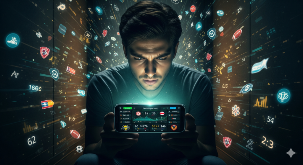 Person intensely staring at a glowing smartphone displaying a fantasy sports app, surrounded by a swirling vortex of sports icons, statistics, and glowing data, illustrating the deep immersion and mental impact of gaming addiction.